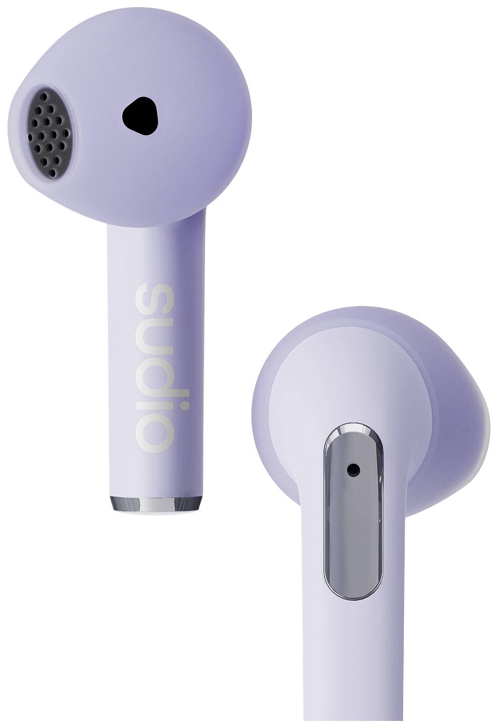 Due auricolari wireless color lilla. Uno mostra il lato con la griglia dell'altoparlante, l'altro il retro con un sensore.