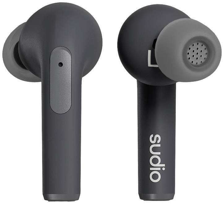 Due auricolari wireless neri con design minimal, uno con e uno senza il logo 'sudio', su uno sfondo chiaro.