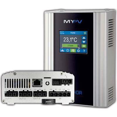 L'immagine mostra un dispositivo di controllo MyPV con un display che indica una temperatura di 23,1°C. Sotto sono visibili diverse porte di connessione.