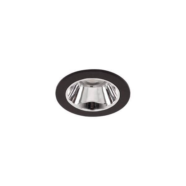 Faretto da incasso a soffitto con cornice cromata e bordo nero su sfondo bianco.