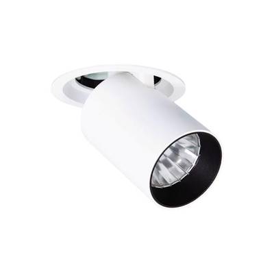 Faretto da soffitto di forma cilindrica, bianco, con rivestimento interno nero e lampada a vista. Ideale per arredamenti moderni.