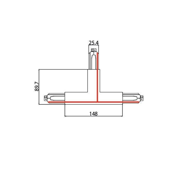 Disegno tecnico di un componente con dimensioni: 89,7 mm di altezza, 148 mm di larghezza, 25,4 mm di profondità. La linea rossa mostra l'andamento interno.
