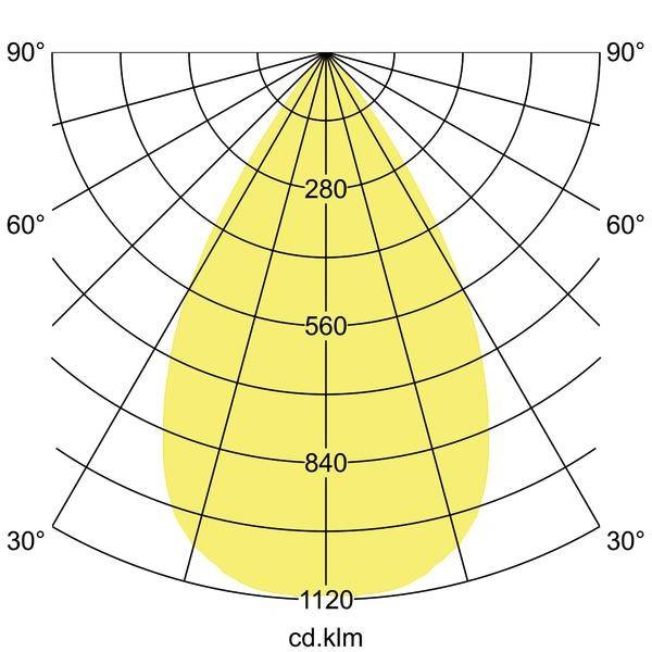 Una curva di distribuzione polare mostra come l'irraggiamento luminoso di un apparecchio di illuminazione sia distribuito a diversi angoli da 0° a 180°.
