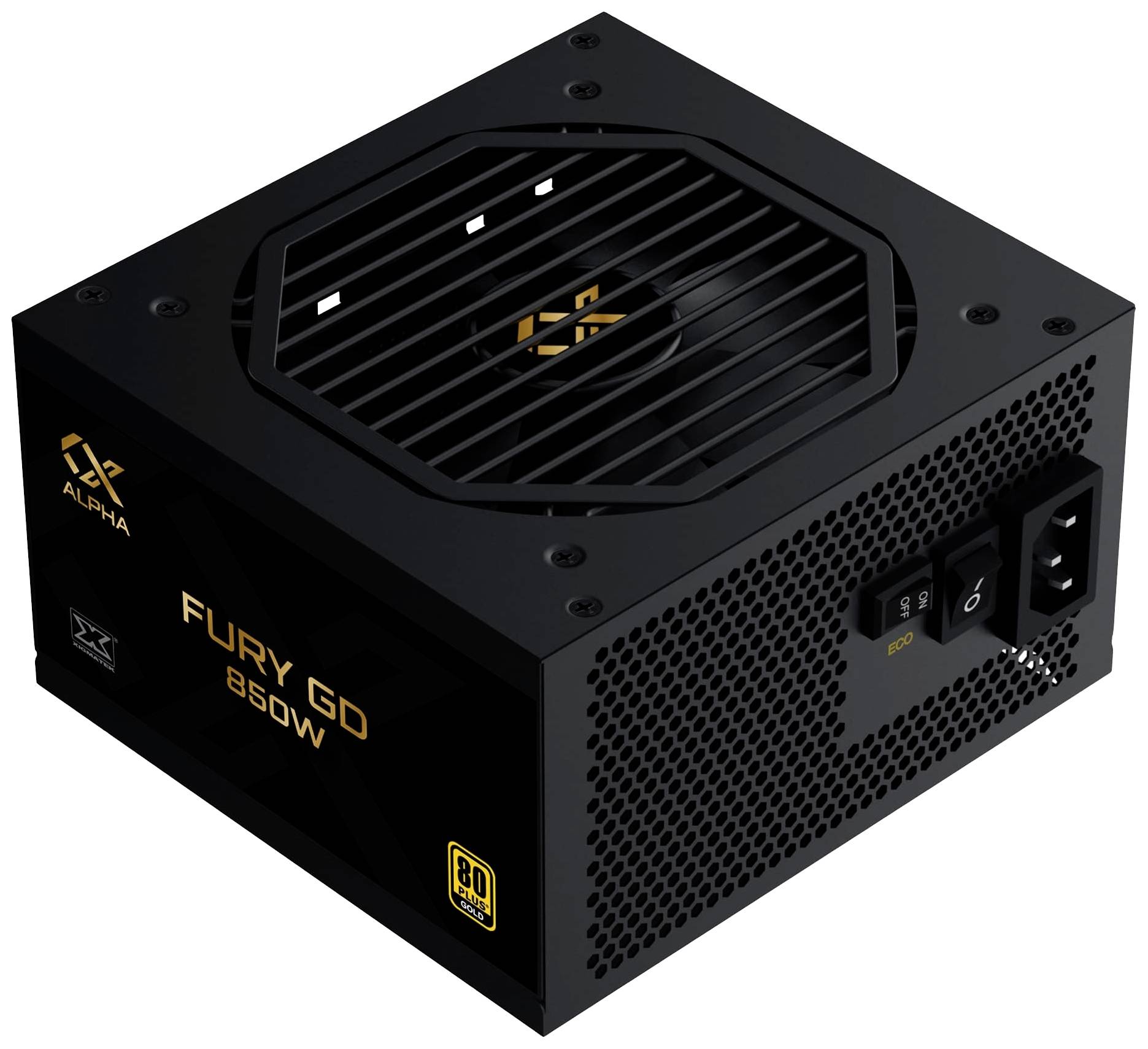 Alimentatore 'FURY GD 850W' con involucro nero, griglia del ventilatore in alto, specifiche di potenza e logo sul lato, interruttore e connettori sul retro.