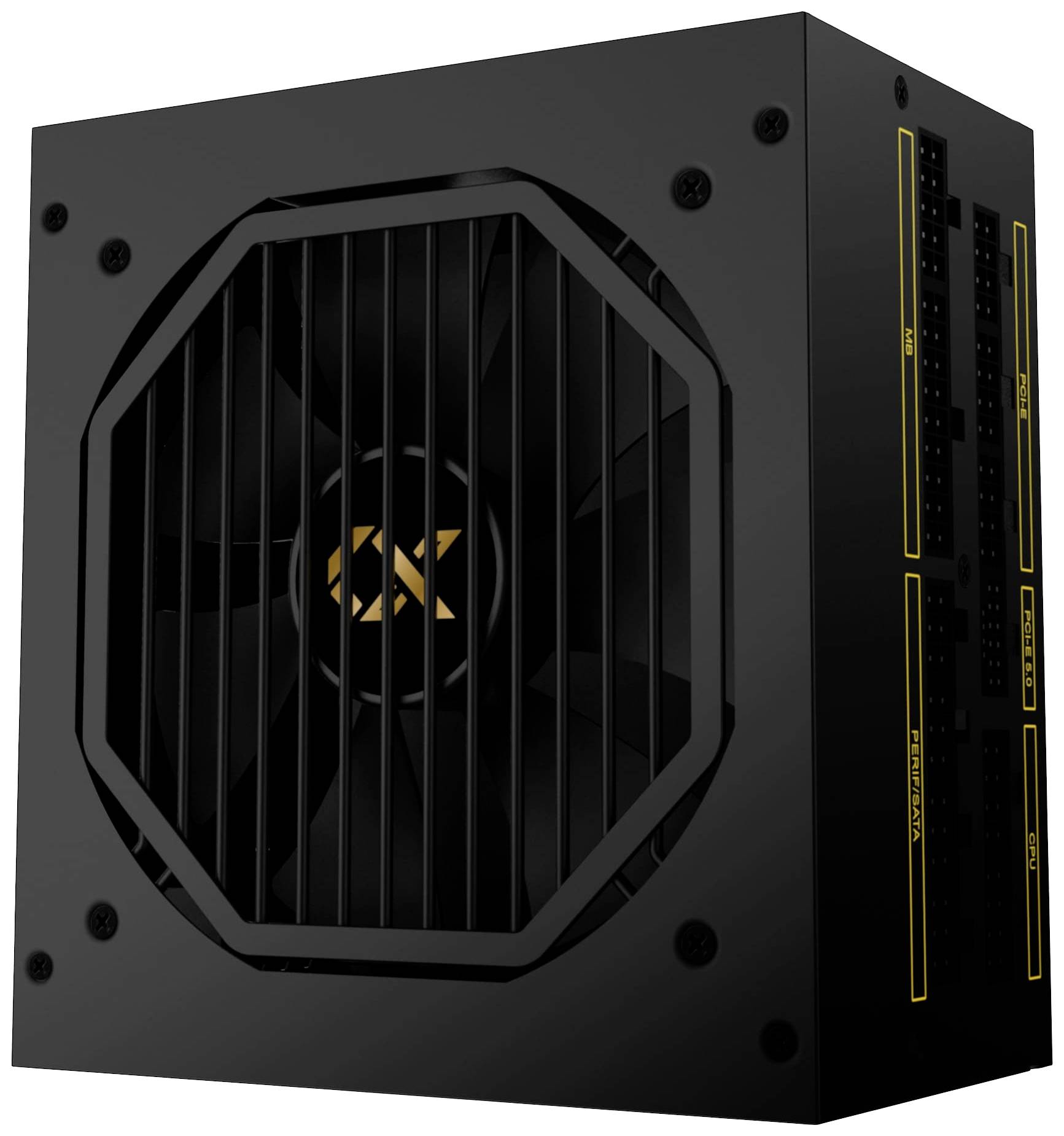 Un alimentatore nero per computer con un ventilatore e strisce gialle sul lato; non mostra alcun marchio specifico.