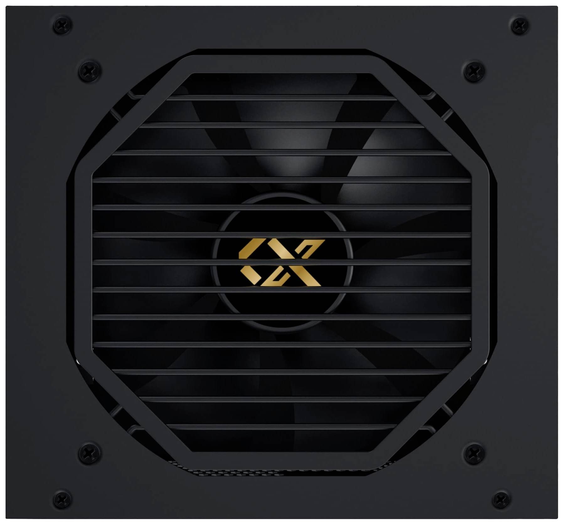 Alimentatore nero per computer con griglia di ventilazione. Al centro è presente un logo composto da forme geometriche dorate.