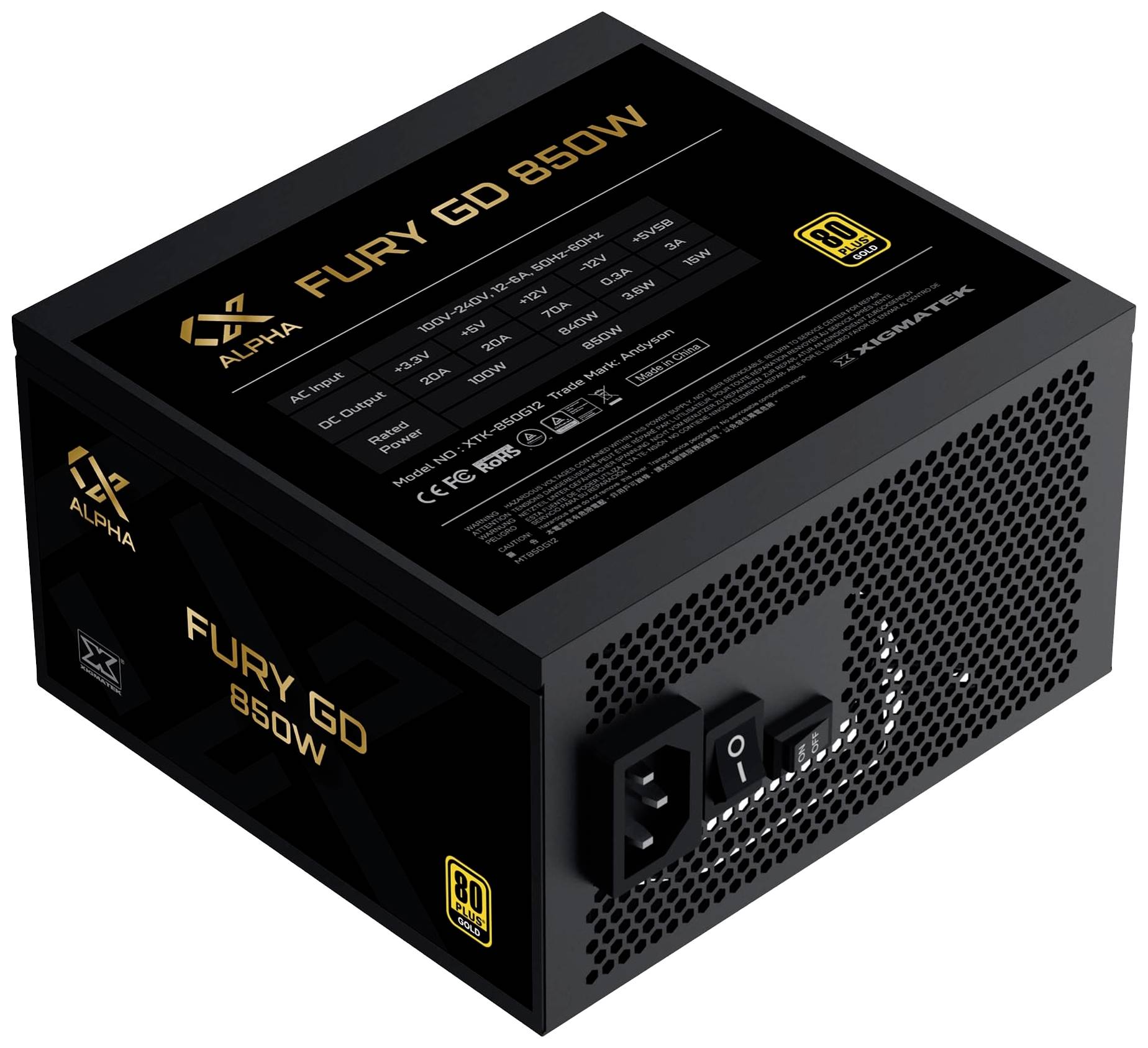 Un alimentatore 'FURY GD 850W' di Alpha, con certificazione 80 PLUS Gold, involucro nero e griglia di ventilazione.