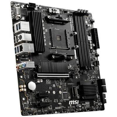 Scheda madre nera per computer con diversi slot e connettori, tra cui porte USB, jack audio e dissipatori di calore.