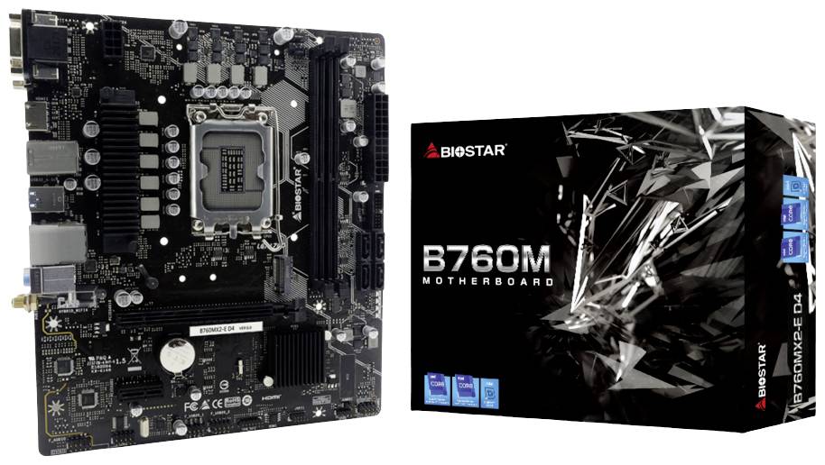 Una scheda madre Biostar B760M accanto alla confezione, stampata con il nome del modello e grafica stilizzata.