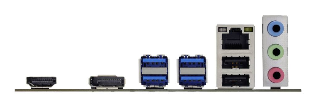 Connettori su una scheda madre di un PC, inclusi HDMI, 2 porte USB, Ethernet e 3 jack audio in diversi colori.