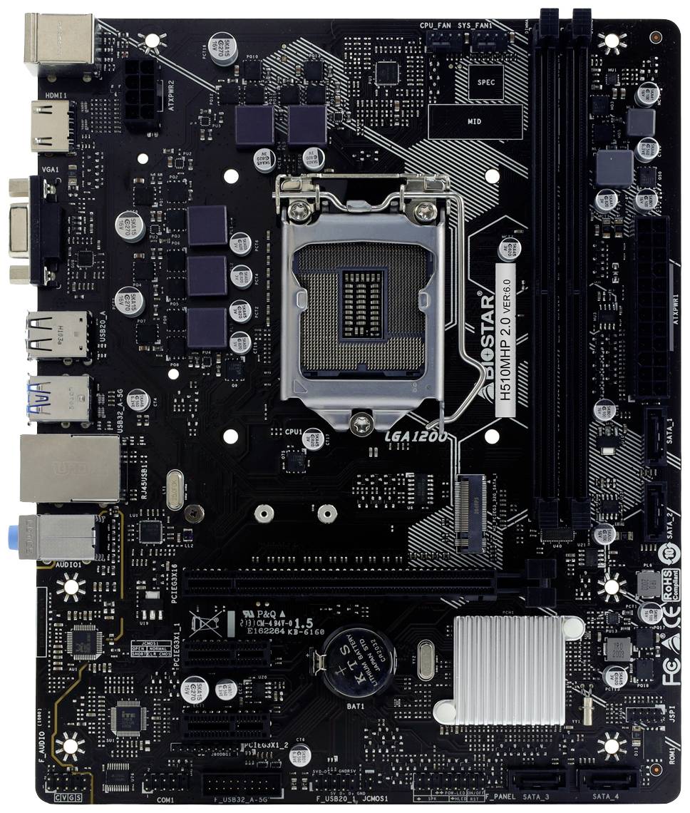 Una scheda madre nera con diversi connettori, slot e un socket per CPU al centro. Marcature per i componenti visibili.