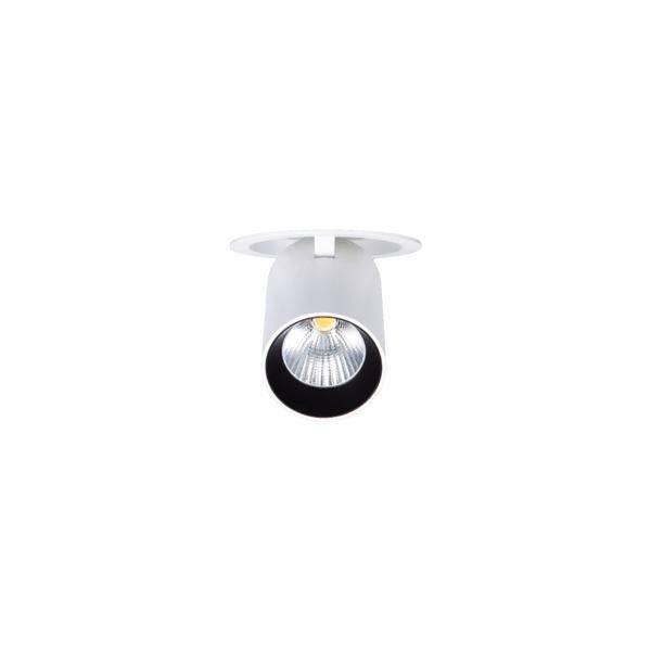 Plafoniera con involucro cilindrico, lampada LED integrata e riflettore luminoso argentato. Adatta per interni moderni.
