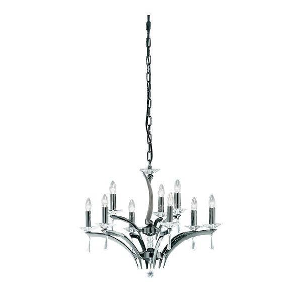 Lampadario con dieci lampadine a candela trasparenti e una struttura in metallo argentato, appeso a una catena nera.