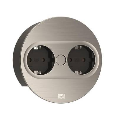 Presa doppia in metallo di forma rotonda, adatta per interni moderni, con interruttore centrale sopra le prese.