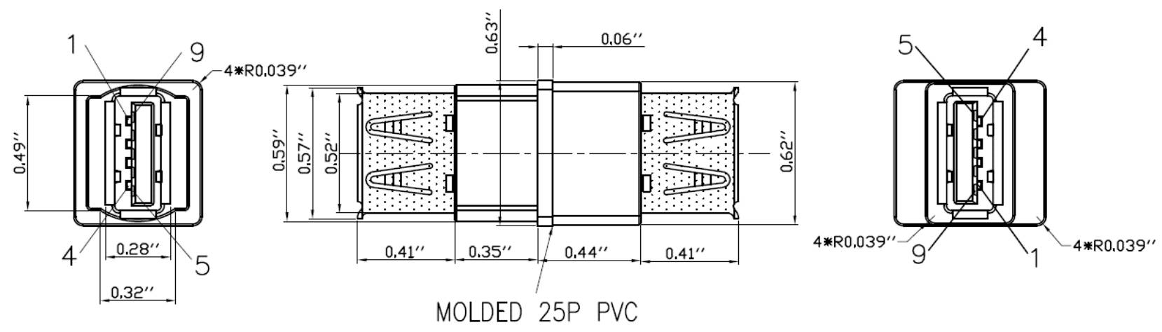 Disegno tecnico di un connettore PVC a 25 pin. Vengono indicate le dimensioni e le viste frontale, laterale e superiore.