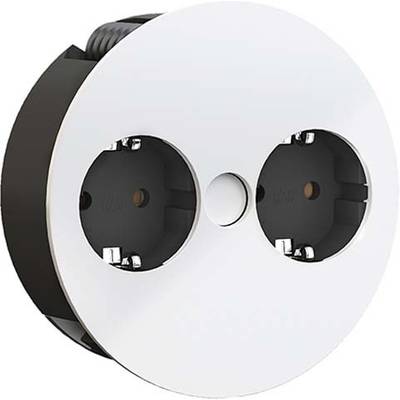 Presa doppia bianca con coperchio circolare, adatta per l'installazione a incasso in una parete o su una superficie di mobili.