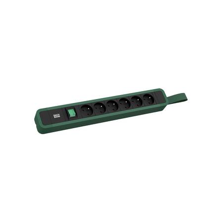 Una multipresa verde con sei prese e un interruttore on/off.
