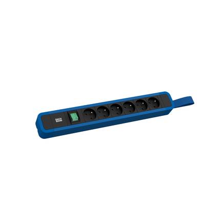 Multipresa 'BACHMANN' con sei prese Schuko e un interruttore verde illuminato, design blu robusto.