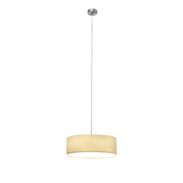 Un lampadario a sospensione moderno e singolo con un paralume rotondo color crema, appeso al soffitto.