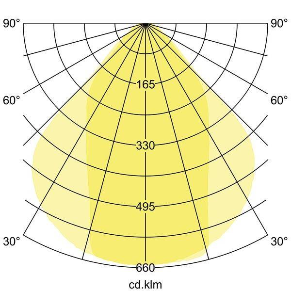 Diagramma polare che mostra la distribuzione della luce di una lampada in gradi. Curva simmetrica con valori massimi a 330 e 495.