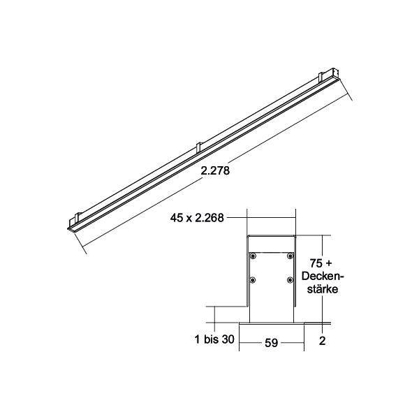 Disegno tecnico di un supporto a soffitto con dimensioni: lunghezza 2.278 mm, larghezza 45 x 2.268 mm, distanza tra i fori delle viti 59 mm.