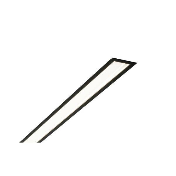 Sottile lampada LED rettangolare con cornice nera, posizionata diagonalmente verso l'alto su sfondo bianco.