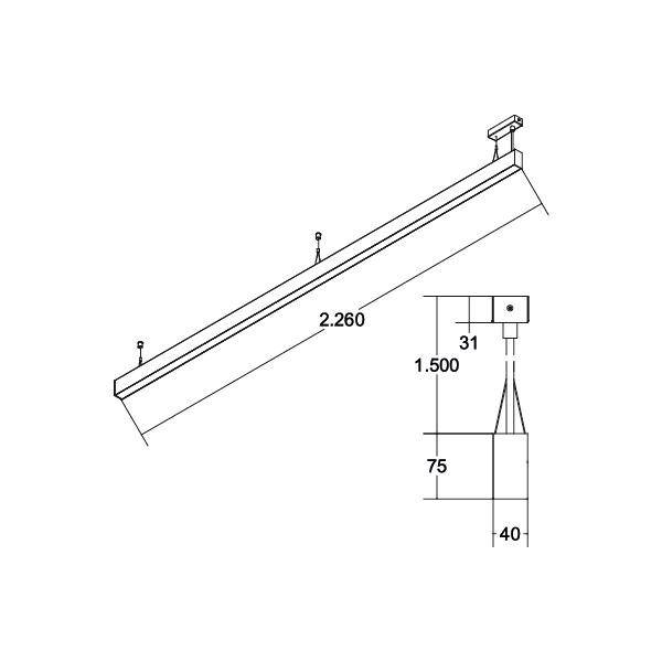 Disegno di un supporto a soffitto con quote: Lunghezza 2260 mm, Larghezza 31 mm, Altezza 1500 mm. La vista laterale mostra una distanza di 75 mm dal soffitto.