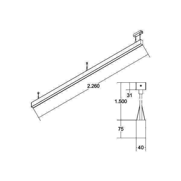 Disegno tecnico di una rotaia metallica con dimensioni: lunghezza 2260 mm, altezza 75 mm, larghezza 40 mm. Dettagli aggiuntivi includono le posizioni delle viti.