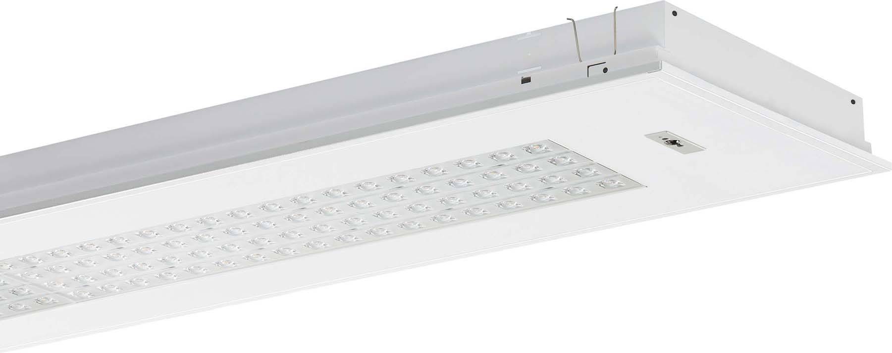 Plafoniera LED di forma rettangolare con involucro bianco e copertura piatta. Adatta per ambienti interni moderni.