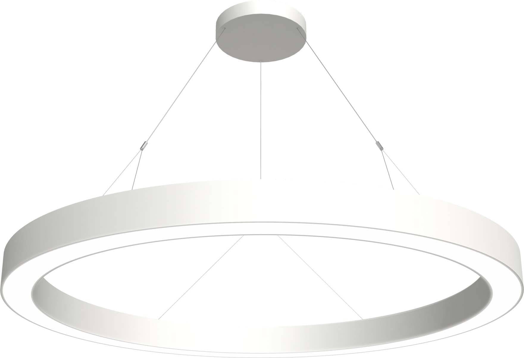 Grande lampadario rotondo bianco con sottile supporto metallico moderno, sospeso da sottili cavi.