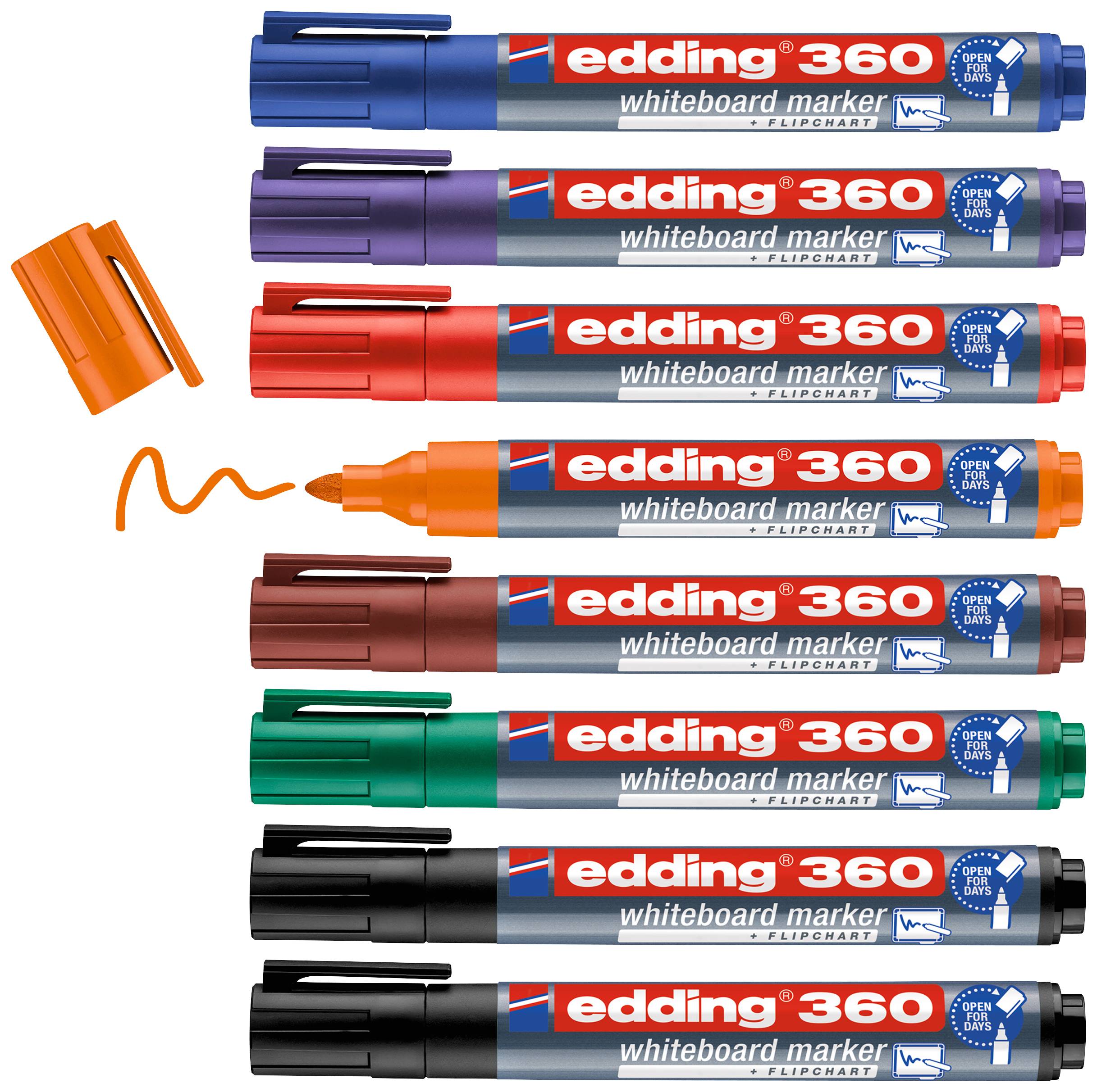 Diversi pennarelli per lavagna bianca Edding 360 colorati, inclusi Arancione, Blu, Viola, Marrone, Verde, Rosso e Nero, con i loro cappucci.