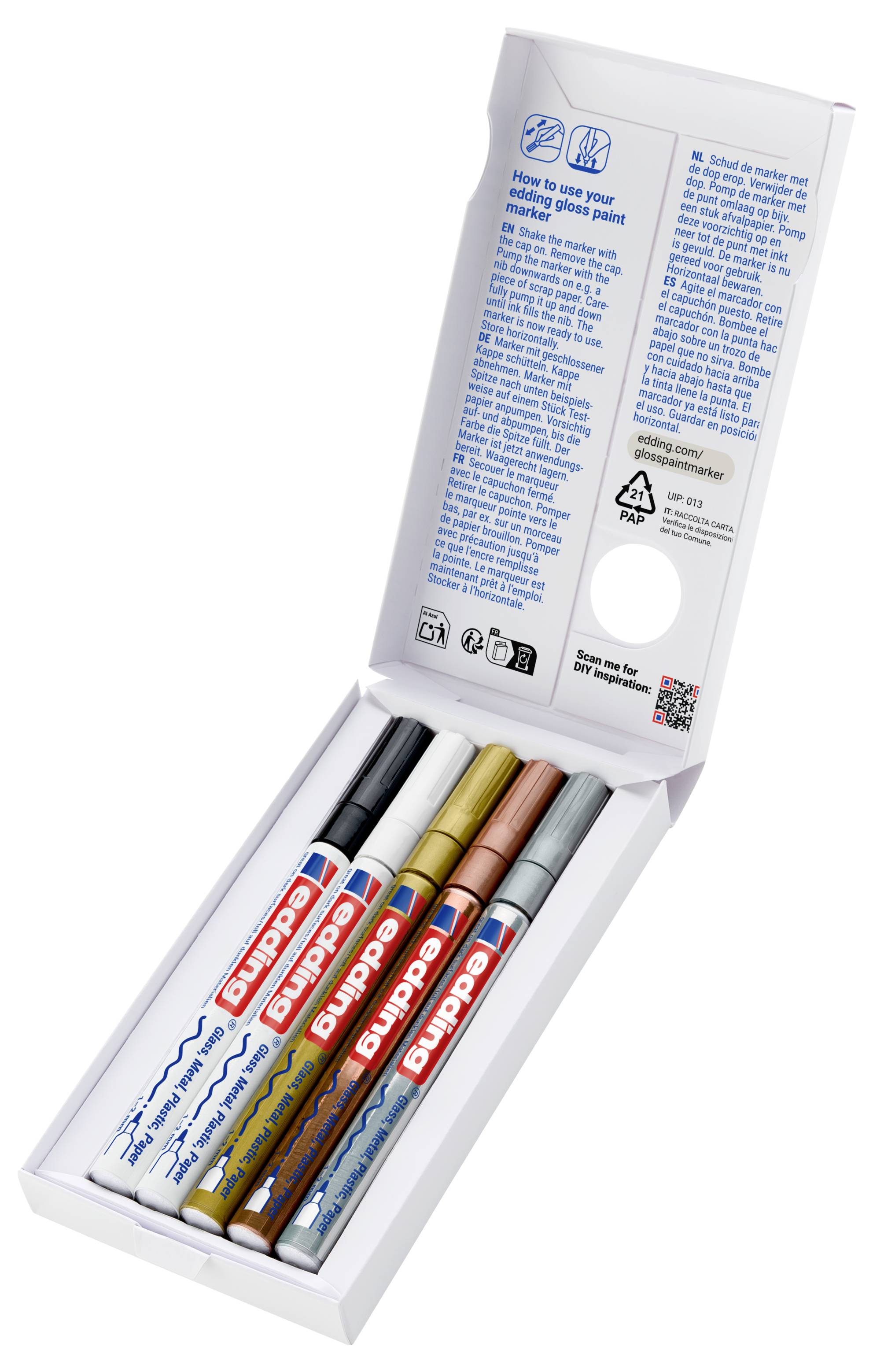 Scatola di set di penne BIC Bippi bianche aperta con cinque penne colorate disposte in un vassoio e istruzioni del prodotto stampate all'interno del coperchio.