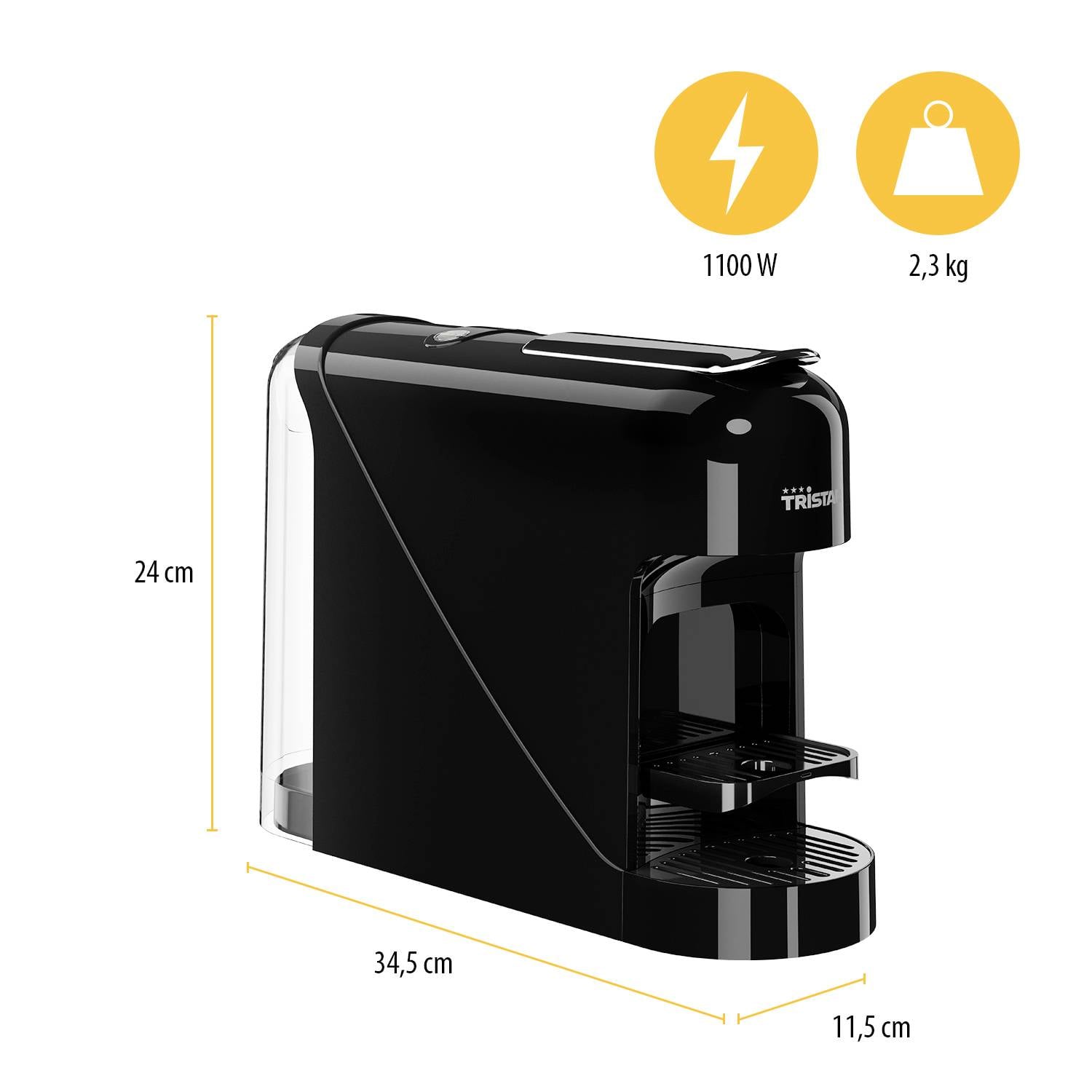 'Macchina per caffè a cialde nera, 1100 W, peso 2,3 kg, dimensioni: 34,5 cm x 11,5 cm x 24 cm. Vista laterale con focus su forma e dimensioni.'