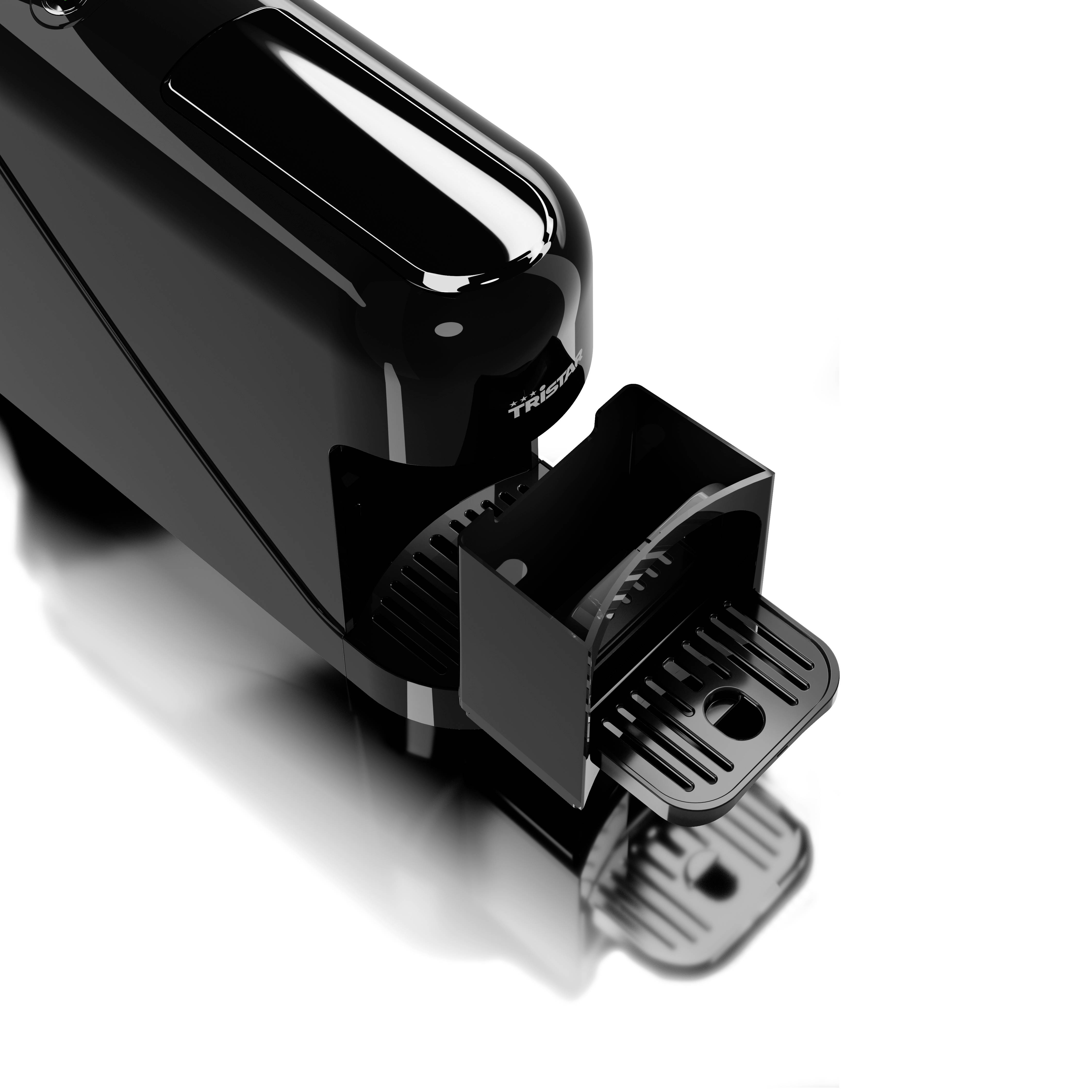 Dispositivo nero lucido con un cassetto scorrevole che rivela uno scomparto nascosto. Design elegante e moderno.