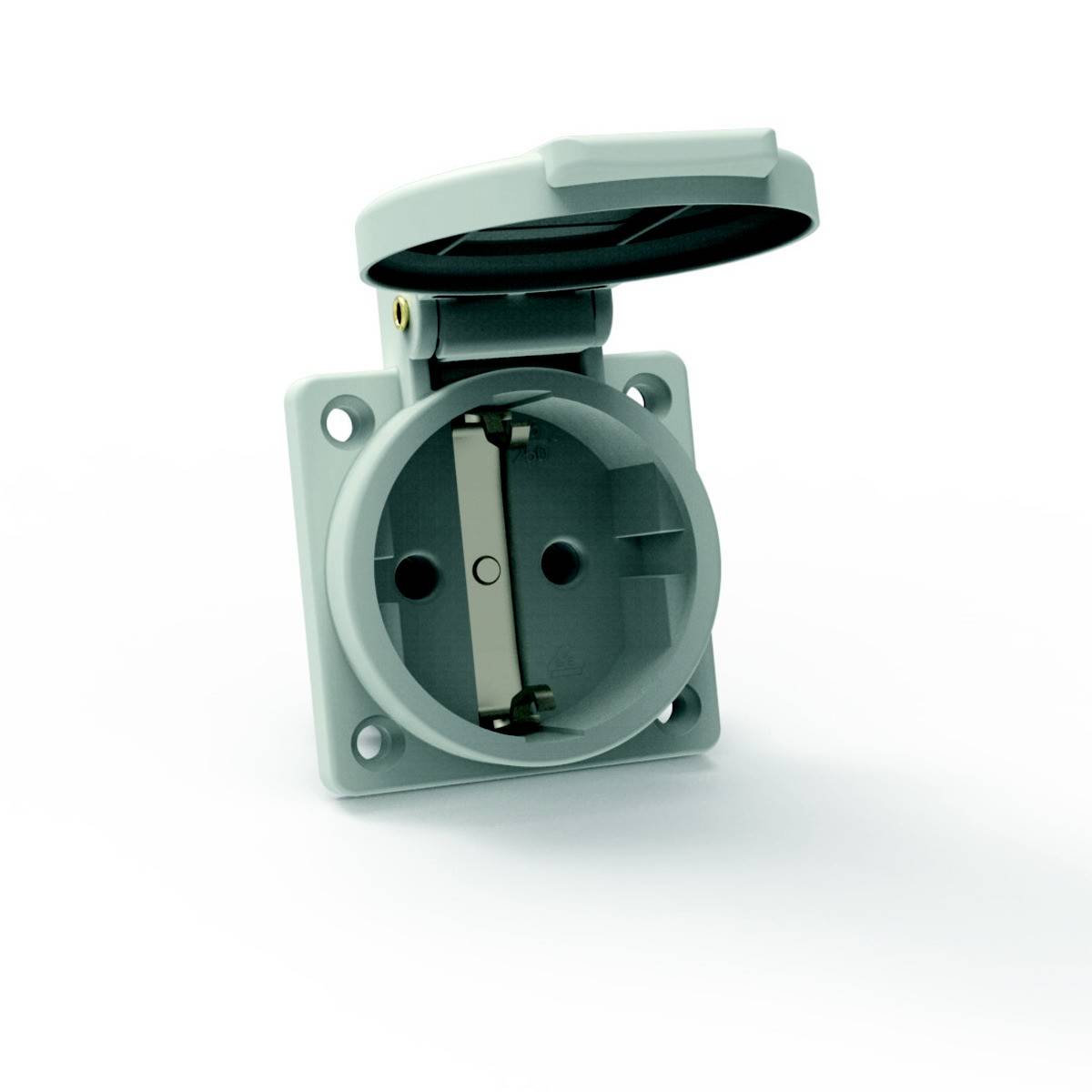 Presa elettrica bianca con coperchio aperto, montata a parete.
