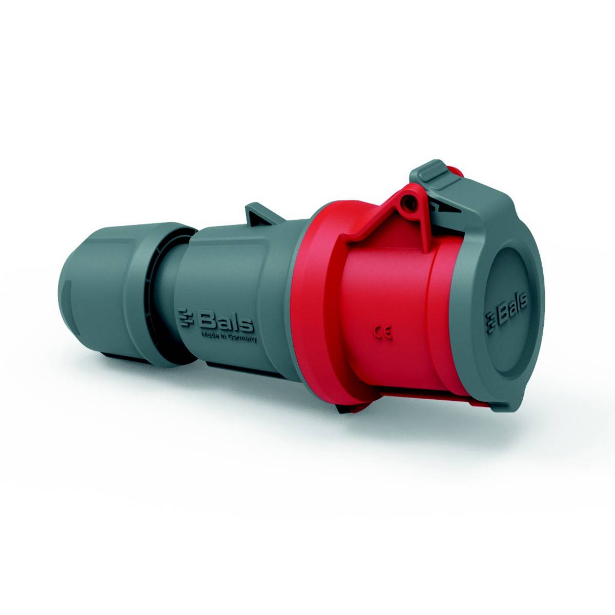 Connettore industriale Bals in grigio e rosso, design robusto.