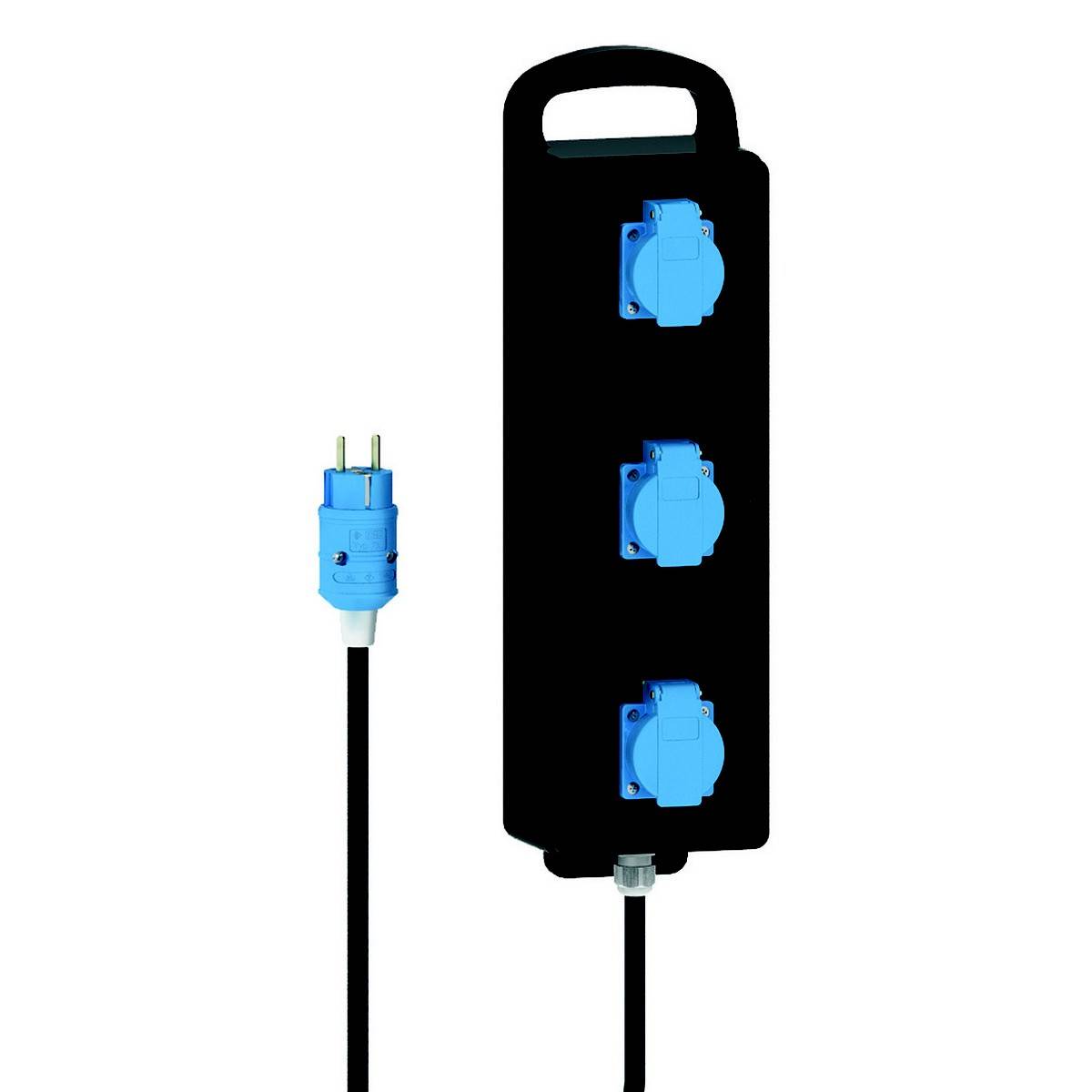 Presa multipla nera con manico, dotata di tre prese blu e un cavo nero con spina blu.