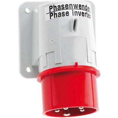 Connettore, montaggio a parete, scritta 'Invertitore di fase/Phase inverter' su involucro grigio, sezione rossa di costruzione, marcatura CE.