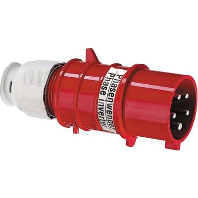 Spina invertitore di fase rossa per applicazioni industriali con quattro pin metallici e cappuccio di chiusura bianco.