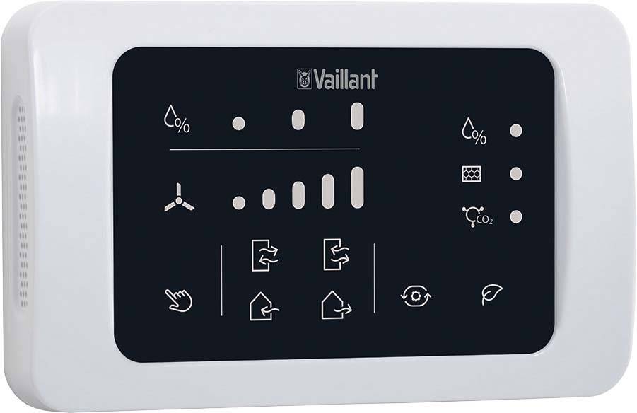 Un pannello di controllo bianco con display nero mostra i simboli per il controllo della ventilazione e del clima di Vaillant.