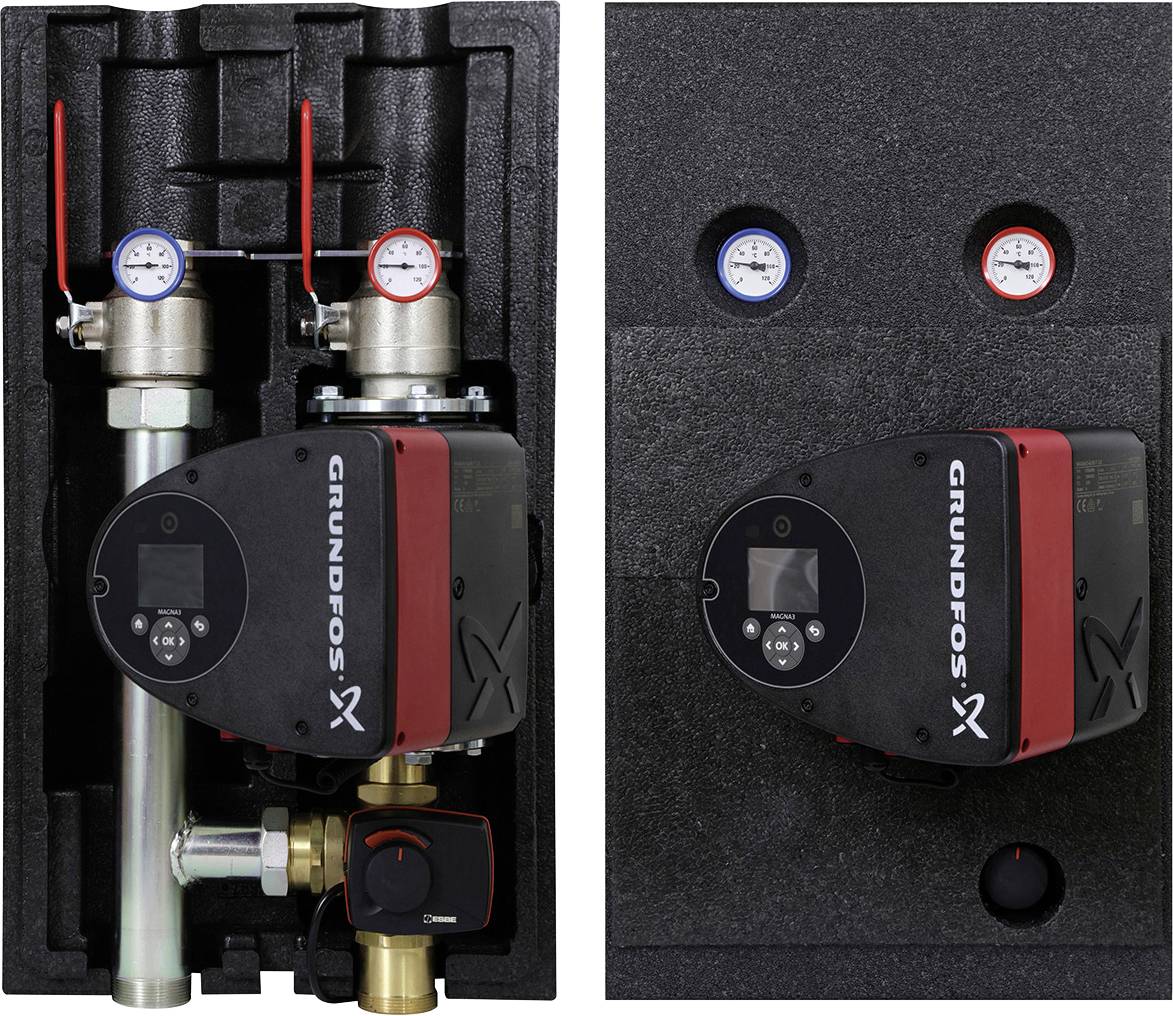 Assemblaggio pompa e valvola Grundfos mostrato in custodia in schiuma nera, con manometri e collegamenti tubi rossi/blu.