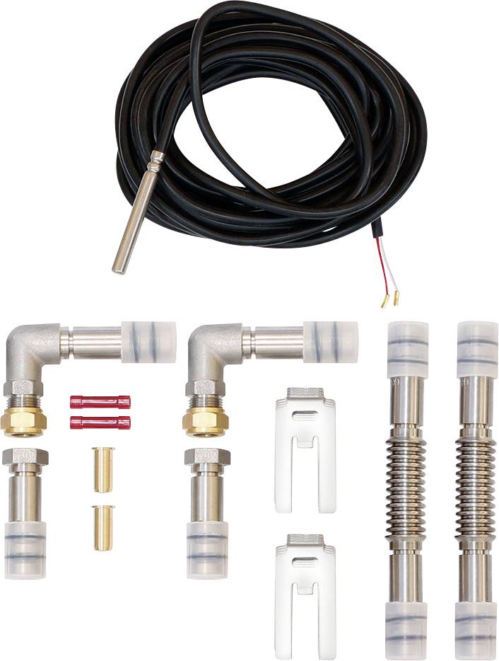 Kit di montaggio per riscaldamento con due tubi flessibili in acciaio inox ondulati, due raccordi ad angolo, un sensore di temperatura con cavo e altri piccoli componenti. Adatto all'utilizzo in sistemi di riscaldamento.