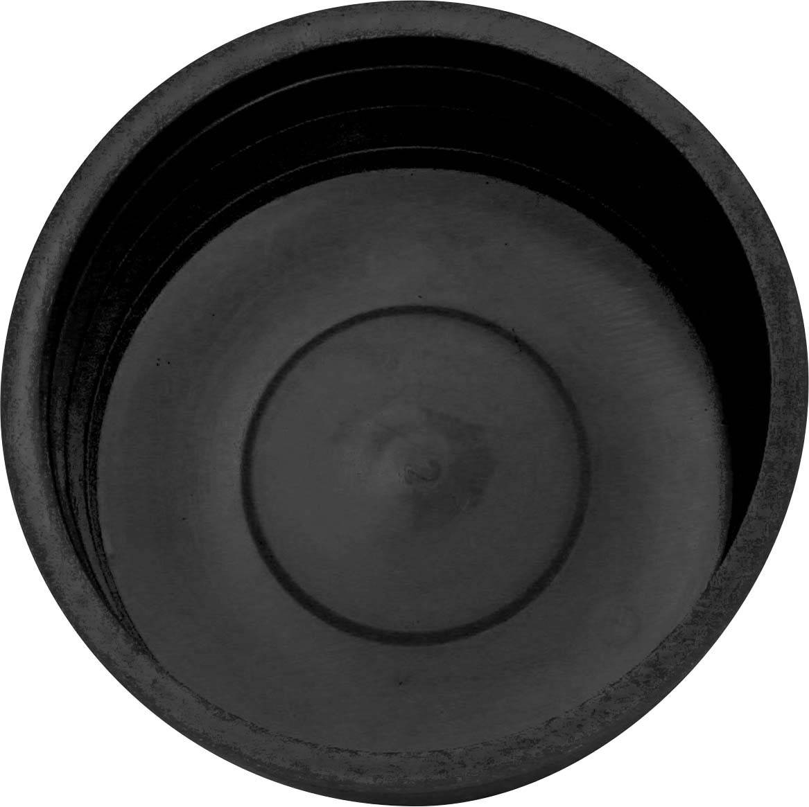 Una tazza rotonda di plastica nera con superficie liscia e cerchi facilmente riconoscibili sul fondo, vista dall'alto.