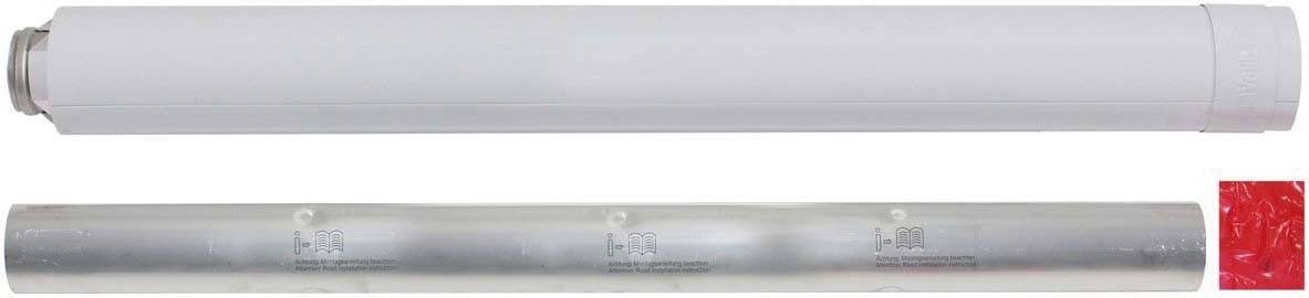 Due tubi di colori diversi uno accanto all'altro, uno bianco e uno metallico. A destra del tubo metallico un piccolo quadrato rosso.