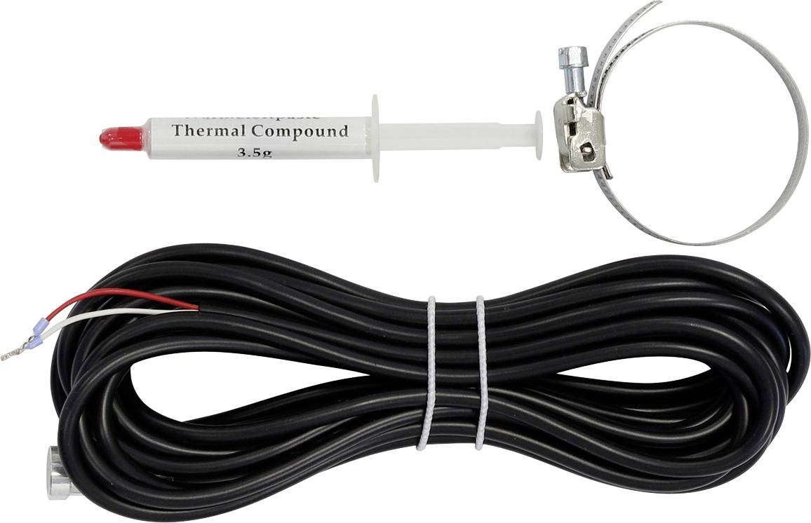 Siringa etichettata "Thermal Compound 3.5g" con fascetta per tubo e cavo nero arrotolato con estremità di filo spellato.
