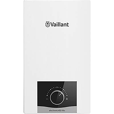 Un compatto scaldabagno istantaneo Vaillant bianco, dotato di un display e una manopola centrale per la regolazione della temperatura.