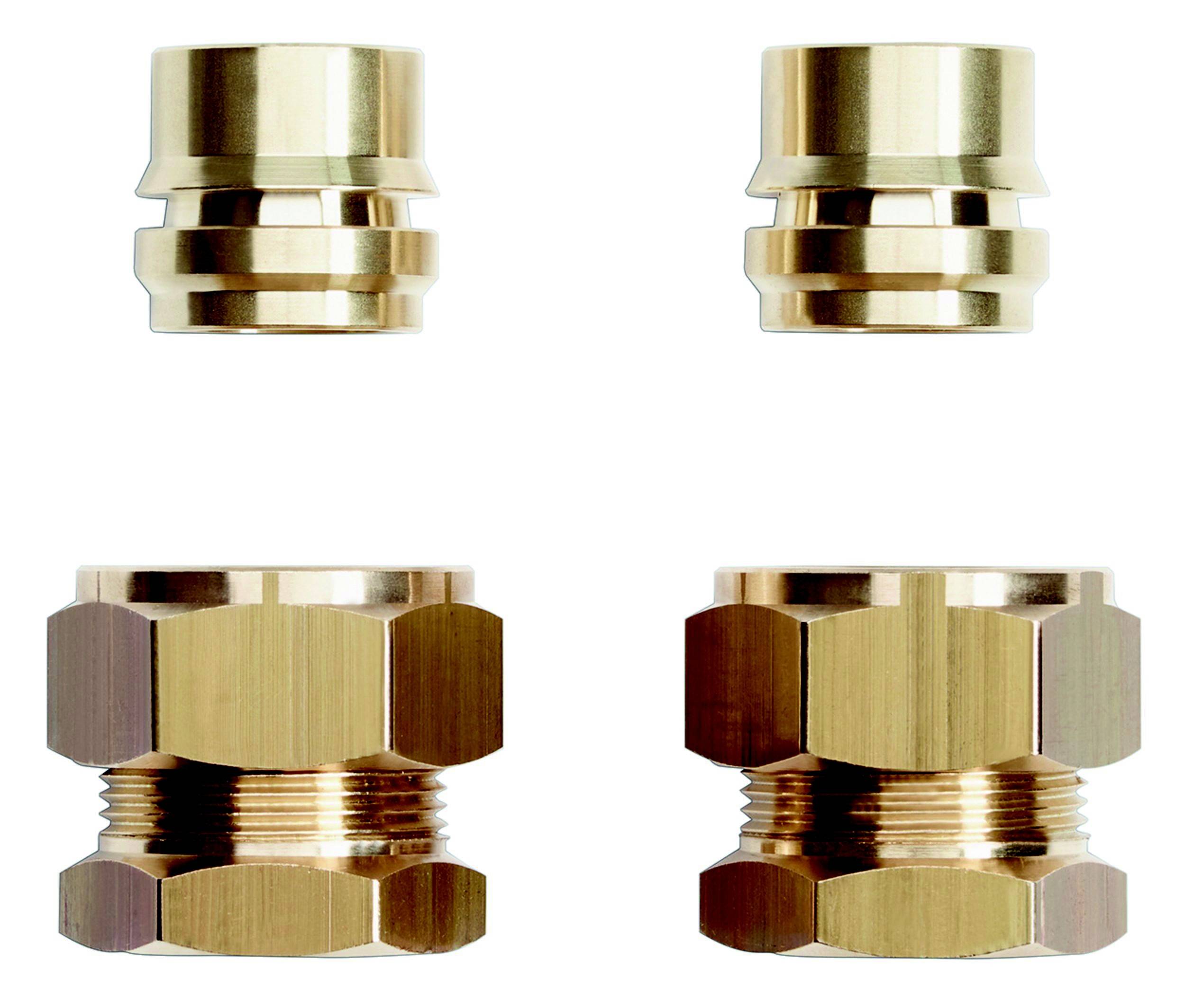 Quattro accessori metallici color oro su sfondo bianco, disposti simmetricamente in due file con due elementi per ogni fila.