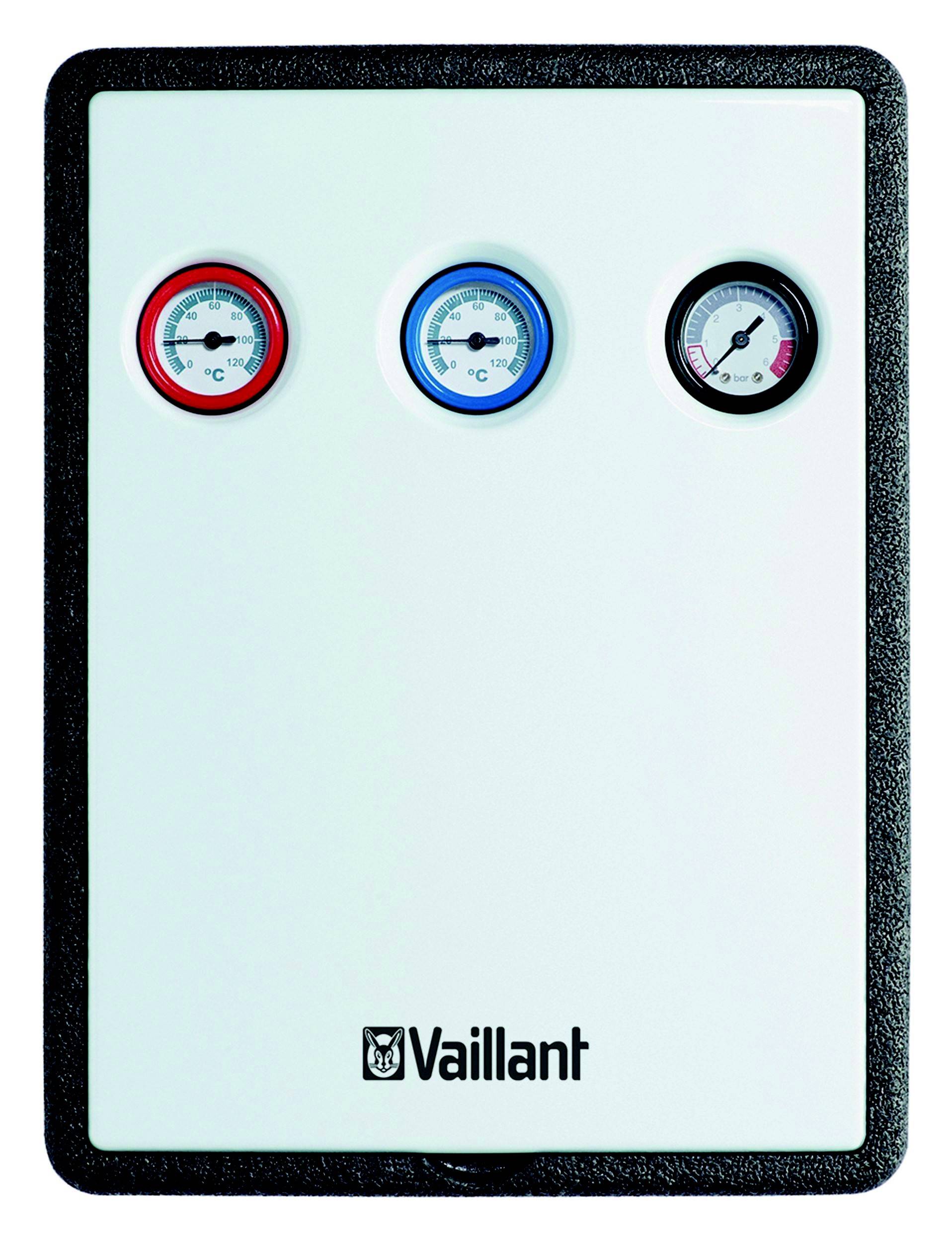Un dispositivo bianco con tre display circolari e il logo 'Vaillant'. I display hanno bordi rossi, blu e bianchi, ciascuno con scale graduate.