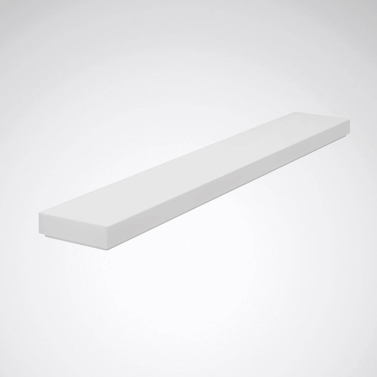 Una mensola a muro semplice, bianca, in legno, rettangolare e installata a sospensione, su uno sfondo neutro grigio.