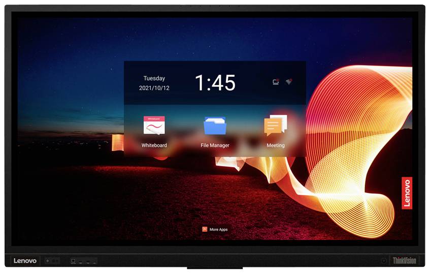 Un grande schermo Lenovo mostra un'interfaccia con data e ora. Tre simboli principali: Lavagna, Gestore file, Riunione.